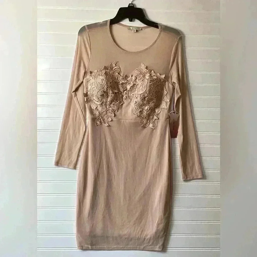 Haute Monde NWT Taupe Sheer Mesh Bodycon Mini Dress Size Medium